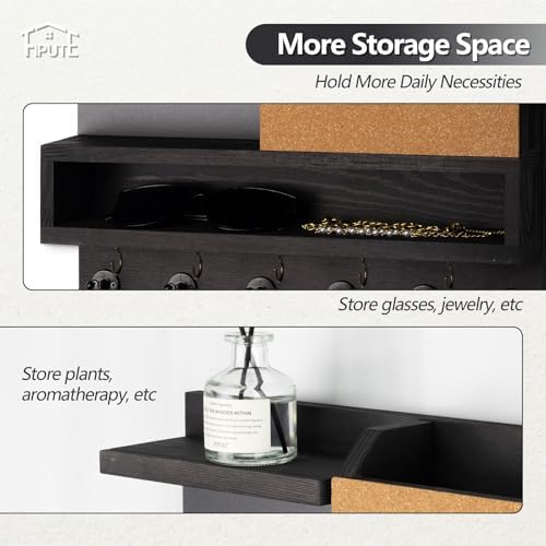 Key Holder for Wall Mount with Mail Organizer, Farmhouse Key Holder for Wall with Shelf, Chalkboard&Corkboard, Entryway Organizer 11 Metal Hooks, Decorative Natural Pine Wood, 14.6*11.1*3.3”, B-Black - Image 2