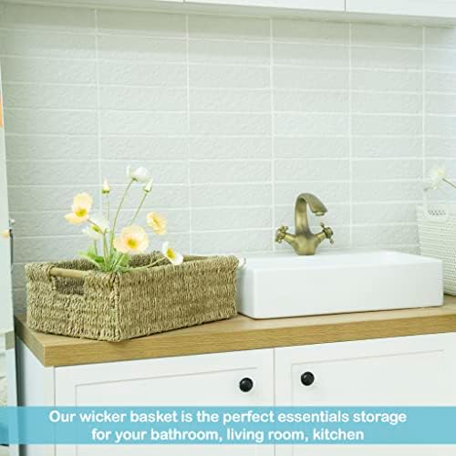 Large Natural Wicker Basket Rectangular with Wooden Handles, Seagrass Storage for Organizing, Shelves 15.5 x 10.6 x 5.5 inches - Image 5