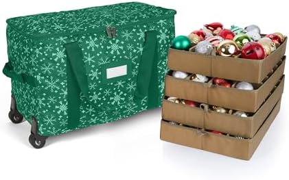 Covermates Keepsakes Rolling Adjustable Ornament Storage Bag – Heavy-Duty Polyester, FlexGrid Trays & Padded Dividers – Protective Holiday Organizer with Wheels, Handles & ID Window, Green Snowflake by Covermates