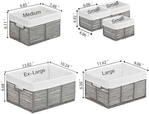 Vagusicc Wicker Storage Basket, 6 Pack Baskets for Organizing, Wicker Baskets with Handle, Rectangular Wicke Basket for Storage Shelves, Cube Storage Bins for Closet/Clothes/Dresser, Grey - Image 2