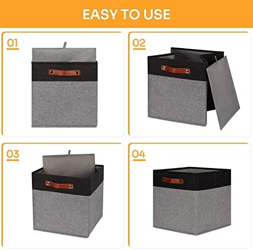 DULLEMELO 13x13 Storage Cubes, Collapsible Sturdy Cube Storage Bins With Handles for Organizing,Fabric Storage Cubes Baskets for Shelves Nursery Closet Home Organization and Storage (Black&Grey) - Image 3