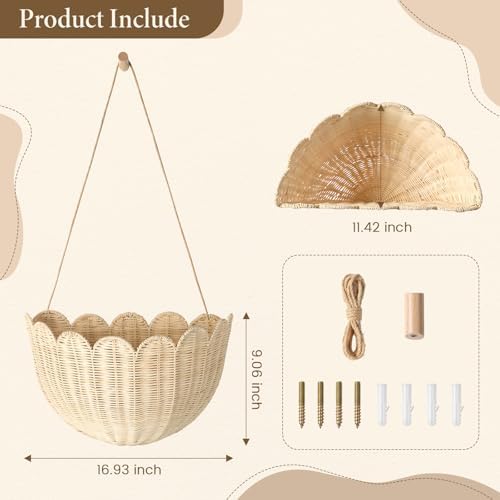 Natural Handwoven Scalloped Wall Basket Set of 2, Premium Rattan Wicker Wall Hanging Organizer for Boho Home Decor, Decorative Wall Storage for Bathroom, Entryway, Living Room & Craft Room - Image 6