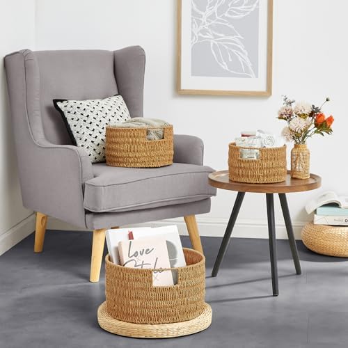 Vagusicc Wicker Storage Basket, Hand-Woven Paper Rope Large Round Woven Basket With Handles, Wicker Baskets for Organizing/Storage, Natural, 3-Pack - Image 6