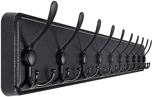 SKOLOO Coat Rack Wall Mounted - 38.3'' Long, Wooden, Heavy Duty, Rustic Coat Hooks for Wall, 16'' Hole to Hole, Wall Coat Rack with 10 Triple Hooks for Hanging Clothes, Jacket, Hat(Black) by SKOLOO