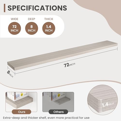 Acovy 72 Inch Floating Shelves, 8 Inch Deep Floating Shelves for Wall, Hanging Shelf with Invisible Brackets, Deep Shelves for Bathroom, Bedroom, Living Room, Grey, Set of 2 - Image 3