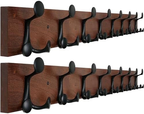WEBI Coat Rack Wall Mount,43" Solid Wood Coat Hooks Wall Mounted Coat Hanger,16" Hole to Hole,Heavy Duty 8 Triple Hooks for Hanging Coats,Jacket,Hat,Backpack,Farmhouse,Reddish Brown,2 Packs by WEBI