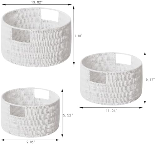 Vagusicc Wicker Storage Basket, Hand-Woven Paper Rope Large Round Woven Basket With Handles, Wicker Baskets for Organizing/Storage, White, 3-Pack - Image 2