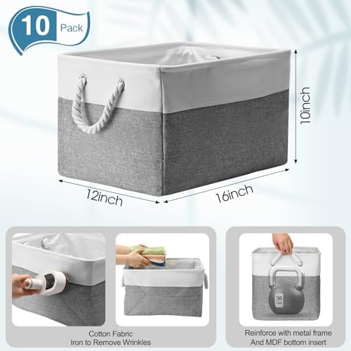FoldTier 10 Pack Large Collapsible Fabric Storage Baskets with Handles Decorative Storage Bins for Organizing Shelves Toys Clothes(White & Gray,16 x 12 x 10 Inches) - Image 2