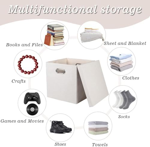 Storage Bins with Lids, Collapsible Linen Fabric Boxes Organizer Containers with Lid Foldable Storage Box Basket for Closet, Shelves, Home, Office, 12 x 12 x 12.4 Inch, 4 Pack, Beige - Image 5