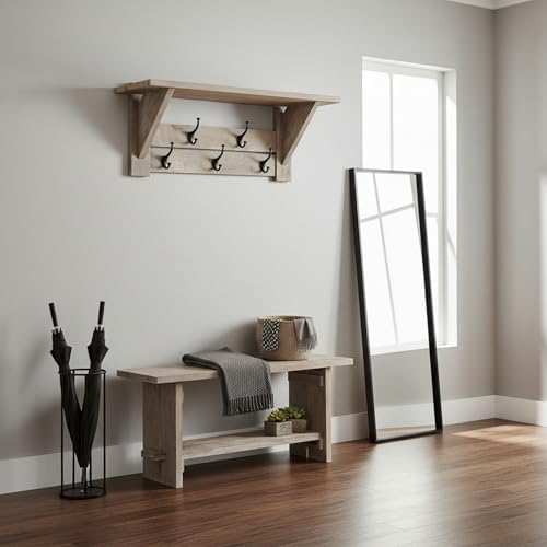 Alaterre Bethel Rustic Solid Wood Bench & Wall Mounted Coat Rack, Driftwood - Image 6
