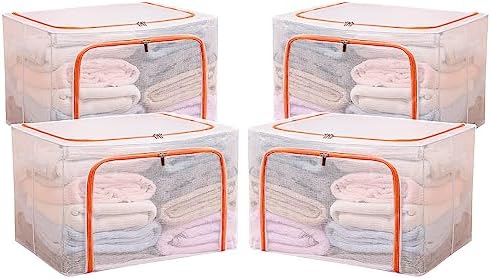 Steel Frame Storage Box Transparent Storage Box Quilt Storage Box Folding Wardrobe PVC or Nylon Fabric Extra Large Storage Bag (Orange Waterproof: 66L x 2Pcs + 80L x 2Pcs) by gFdiao14191311-22