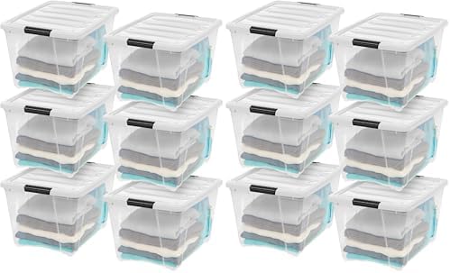 IRIS USA 54 Qt Storage Bins with Lids, 12 Pack, Dividers, Clear/White by IRISUSA