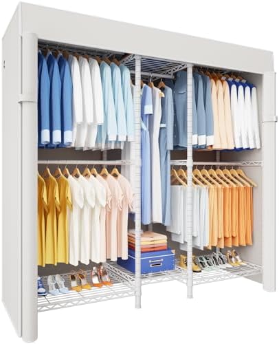Ulif E12C Heavy Duty Closet Organizer System，Freestanding Clothing Rack, Adjustable Garment Rack 57.1" W x 16" D x 76.5" H Holds 860 lbs, White Clothing Rack with White Dustproof Cover by Ulif