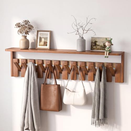 Wall Mounted Coat Rack with Shelf, 12 Flip-Down Hooks, Walnut by Homeleafy