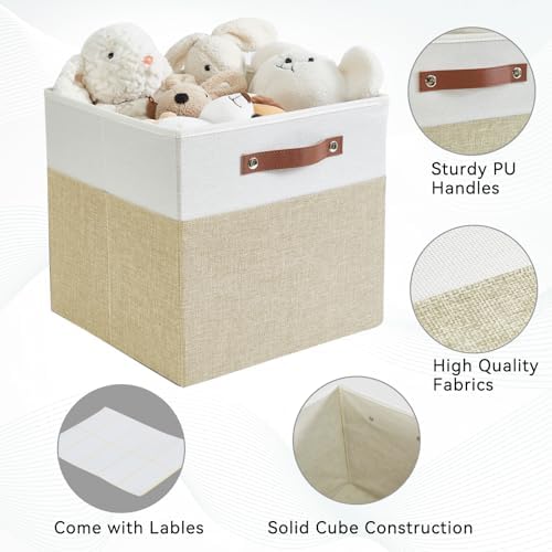 Bagnizer 13x15x13 Storage Cube Bins, Foldable Storage Organizer Baskets, Fabric Cube Storage Boxes with 2 Reinforced PU Handles for Kallax, Shelves, Living Room | 4 Pack, Beige & White - Image 2