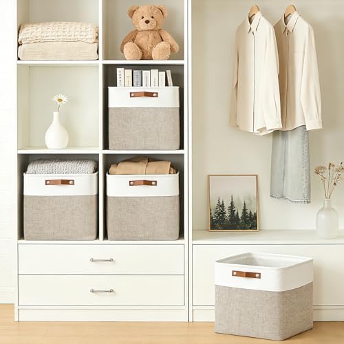 Bagnizer 13x13 Cube Storage Bins, Collapsible Fabric Storage Box, 4 Pack Closet Baskets with Handles for Organizing, Shelf, Toys, Clothes, Home, Office, Nursery (Beige&White) - Image 2