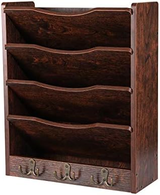 PAG-Mass 5-Tier Wall File Holder Hanging Mail Organizer Wood Magazine Literature Rack with 6 Hooks, Brown by PAG