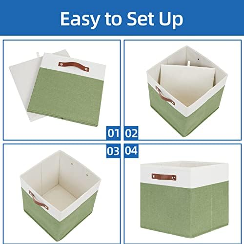Temary 13 Inch Cube Storage Bin 4 Pack Fabric Storage Cubes Fabric Storage Bin for Shelf, Cube Storage Basket with Leather Handles(White&Green) - Image 6