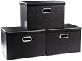 PRANDOM Large Foldable Storage Bins with Lids [3-Pack] Leather Fabric Collapsible Storage Boxes Organizer Containers Baskets Cube with Cover for Home Bedroom Closet Office Black(17.7x11.8x11.8) by Prandom