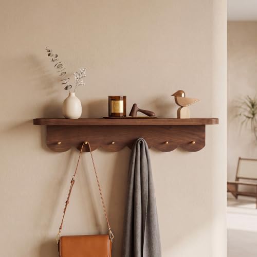 Lewtemi Wall Mount Coat Rack with Shelf 24.5" Scalloped Walnut with 6 Hooks - Image 3