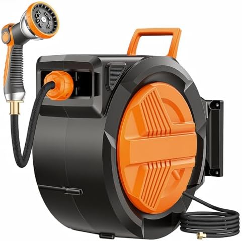 Retractable Garden Hose Reel 1/2” x 150ft, Auto Rewind Hose Reels for Outside, Heavy-Duty Wall-Mounted Outdoor Hose, 10-Mode Nozzle, Adjustable Length, 180° Rotation for Watering, Car Washing by YGZ