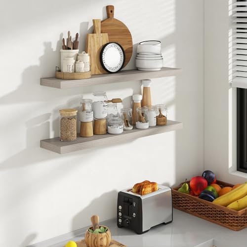 Acovy 36 Inch Floating Shelves, 8 Inch Deep Floating Shelves for Wall, Hanging Shelf with Invisible Brackets, Deep Shelves for Bathroom, Bedroom, Living Room, Grey, Set of 2 - Image 2