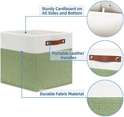 Temary 12 Inch Fabric Storage Cubes Storage Bins with Leather Handles, 4 Pack Cube Baskets Bins for Organizing Closet, Foldable Cloth Baskets for Shelves (White&Green) - Image 3