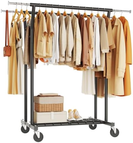 HYSEYY Heavy Duty Clothes Rack, Rolling Clothing Rack for Hanging Clothes with Shelves Load 700LBS,Portable Garment Wardrobe Closet Rack with Wheels for Bedroom,Laundry Room,Retail Store,Black by HYSEYY