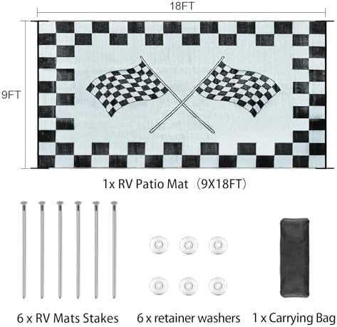EEZ RV Products 9'x18'cf Heavy Duty Reversible/Durable Outdoor RVing/Boondocking Mats (9ft x18ft Black & White Checker Flag) Come with Large Storage Bag & 6 Sets of Stakes and Washer - Image 2