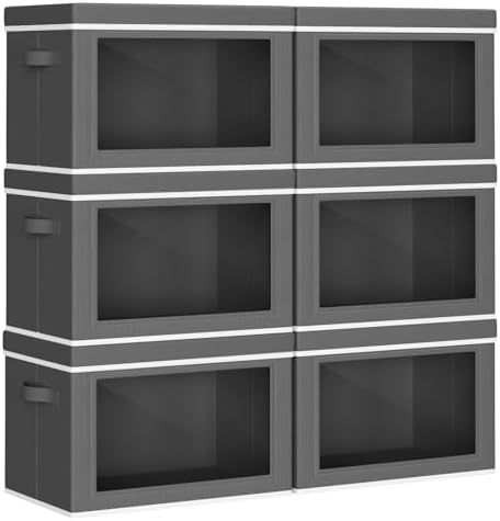 Homsorout Collapsible Storage Bins with Lids - Stackable Storage Containers with Window, 6 Pack Fabric Cube Bins for Closet, Home & Office Organization Baskets, Dark Gray, 14.9" x 9.8" x 9.8" by Homsorout