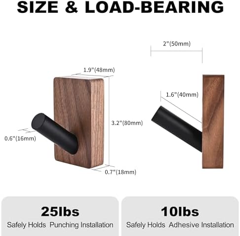 8 Pack Wooden Wall Hooks for Hanging, Adhesive Mounted & Wall Mounted Boho Decorative Walnut Wood Coat Hooks for Towel Clothes Blanket Hat Backpack Robe Nursery Door Board Entryway Key Holder - Image 4