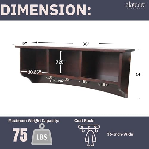 Alaterre Furniture Shaker Cottage Wall-Mounted Coat Rack with 3 Storage Cubbies and 4 Hooks – Space-Saving Storage Rack and Wall Shelf Organizer for Entryway, Hallway, or Mudroom (Espresso Finish) - Image 3