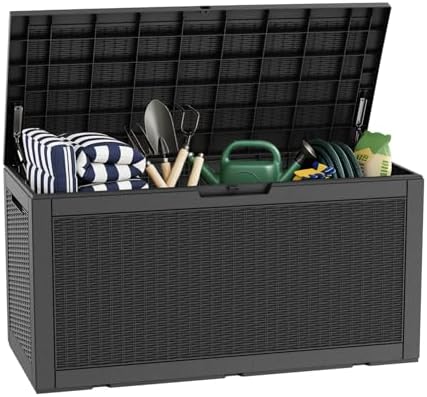 LAUSAINT HOME 320 Gallon Resin Deck Box, Package Delivery Box with Lockable Lid, Waterproof Outdoor Storage Box For Garden Tools, Patio Cushions(320 Gallon,Black) by LAUSAINTHOME