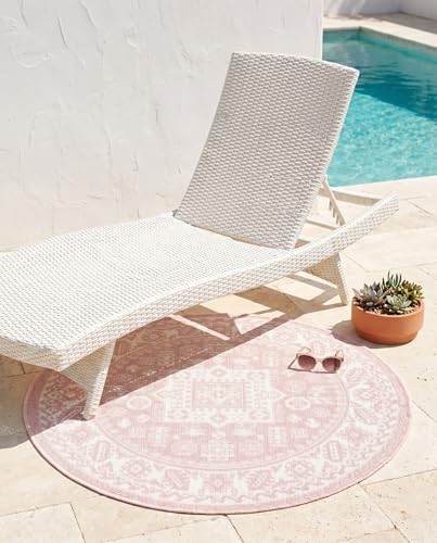 Rugs.com - Outdoor Aztec Rug – 3 Ft Round Pink Indoor/Outdoor Rug – Weather-Resistant Flatweave for Patios, Decks, and Porches - Image 6