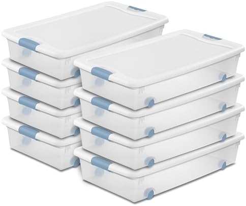 Sterilite 8-Pack Wheeled Latching Box, Plastic Under Bed Storage Bins with Lids, 56 Quart - Large Clear Stackable Tote Organizer Containers for Closet, Bedroom, Bathroom, and Office Organization by Sterilite