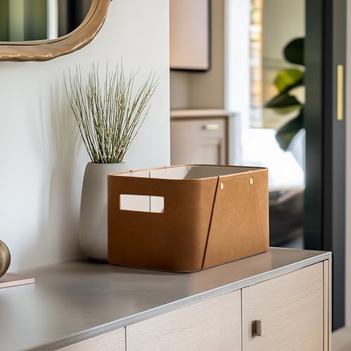 La Jolie Maison Faux Leather Storage Baskets for Organizing, Camel 2 Pack - Image 2