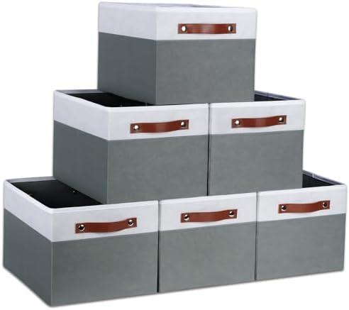 [6-Pack] Fabric Storage Bins (15x11x9.5 ) Reinforced 2.5mm Cardboard Shelf Bins with PU Leather Handles Durable Storage Baskets for Closet Organization, Toy Organizer, & Home Office White&Grey by TEMARY