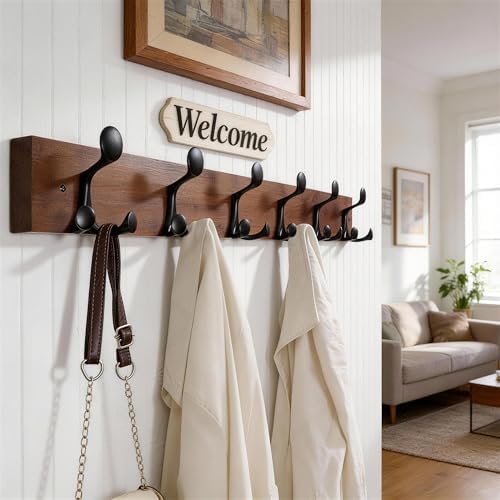 WEBI Coat Rack Wall Mount,36" Solid Wood Coat Hooks Wall Mounted Coat Hanger,16" Hole to Hole,Heavy Duty 6 Triple Hooks for Hanging Coats,Jacket,Hat,Backpack,Farmhouse,Reddish Brown - Image 2