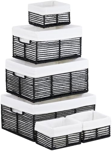 Vagusicc Wicker Storage Basket, 6 Pack Baskets for Organizing, Wicker Baskets with Handle, Rectangular Woven Basket for Storage Shelves, Cube Storage Bins for Closet/Clothes/Dresser, Black by Vagusicc