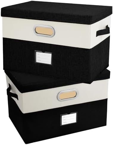 Large Linen Fabric Foldable Storage Bins with Removable Lid and Handles, Washable Storage Box Organizer Containers Baskets Cube with Cover for Bedroom,Office(Black&Cream, Large(2-Pack)) by Unknown