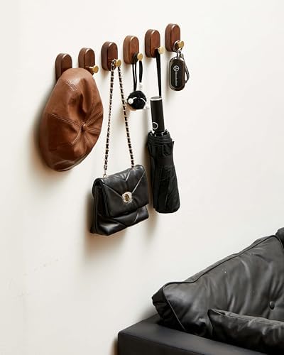 Wood Coat Hooks Wall Mount - Modern Walnut Coat Hook with Brass Accent for Hanging Clothes,Keys,Purse,Robes,Towel,Backpacks, Single Brass Wall Hooks Heavy Duty for Entryway, Closet, Bathroom (6 Pack) - Image 5