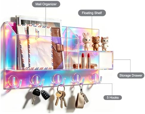 Acrylic Key Holder Wall Mount Mail Organizer for Wall with Shelf Storage Drawer and 5 Hooks, Iridescent - Image 6