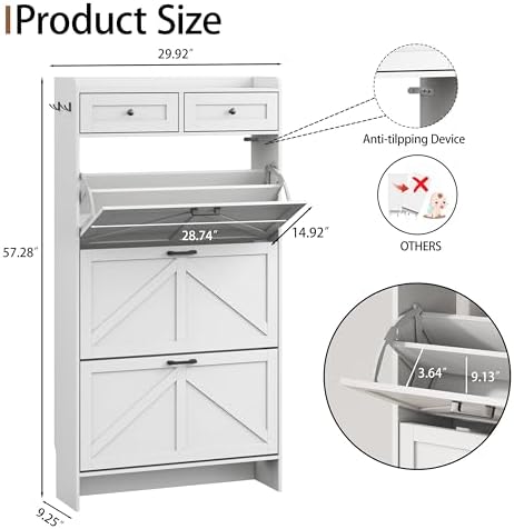 Shoe Cabinet with 3 Flip Drawers & 2 Top Drawers, 57" Tall Freestanding Narrow Wooden Shoe Storage Organizer for Entryway, Hidden Slim Shoe Rack for Front Door Entrance, Hallway, Living Room, White - Image 2