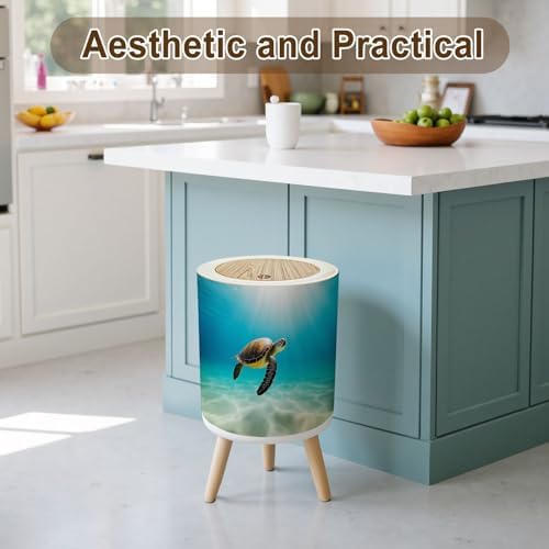 Trash Can with Lid Beautiful Hawaiian Green Sea Turtle Small Garbage Can with Legs Waste Bin Press Cover Wastebasket for Kitchen Bathroom Living Room 7L/1.8 Gallon - Image 3