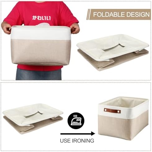 Uiifan 8 Pack 16 x 12 x 10 Inch Large Storage Baskets Collapsible Fabric Storage Cubes Bins with Handles for Shelves Closets Nursery Home Clothes Toys Organizers, Beige - Image 5