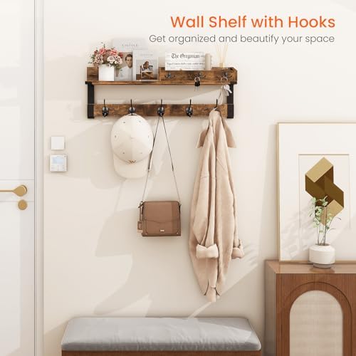 Homode Coat Rack with Shelf, Wall Shelf with Hooks, Rustic Brown Black - Image 2