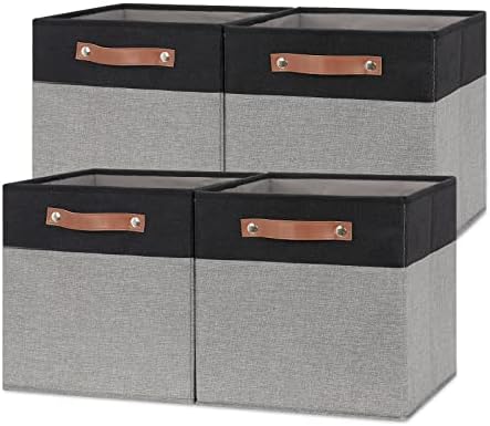 Temary Fabric Cube Storage Bins 12 Inch Decorative Storage Cubes Baskets 4 Pack Foldable Cube Storage Bins for Closet, Shelves (Black&Grey) by TEMARY