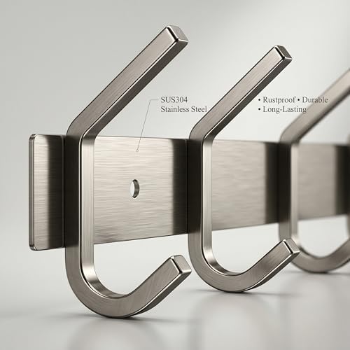 Coat Rack Wall Mount – Brushed Nickel 17 Inch Stainless Steel Hook Rail with 6 Heavy Duty Double Coat Hooks – Wall Mounted Coat Hanger for Entryway, Bathroom, Bedroom, Towel, Hat Organizer - 6 Pack - Image 3