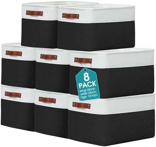 Uiifan 8 Pack 16 x 12 x 10 Inch Large Storage Baskets Collapsible Fabric Storage Cubes Bins with Handles for Shelves Closets Nursery Home Clothes Toys Organizers, Black by Uiifan