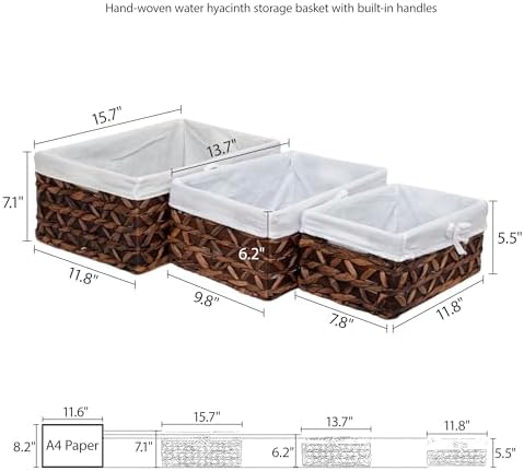 Small Wicker Rectangle Basket,Natural Water Hyacinth Baskets Set of 3 - Image 6
